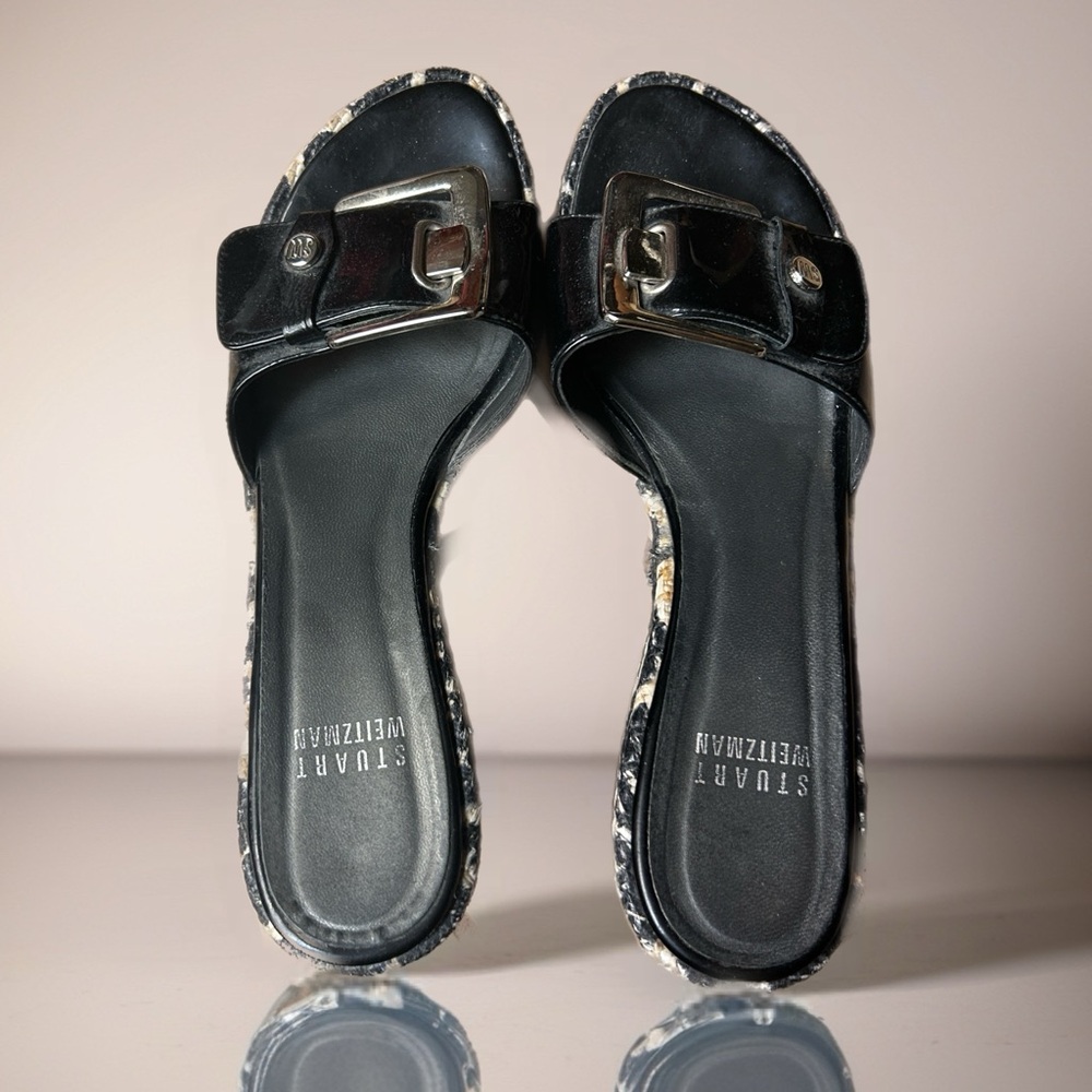 Stuart Weitzman Black and Tan Wedge Mules
